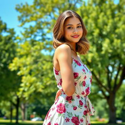 A young woman standing confidently, striking a pose that exudes confidence and charm