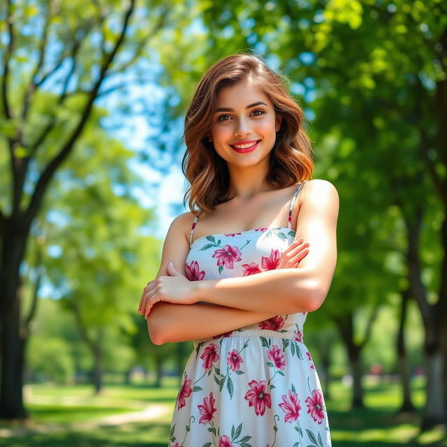 A young woman standing confidently, striking a pose that exudes confidence and charm