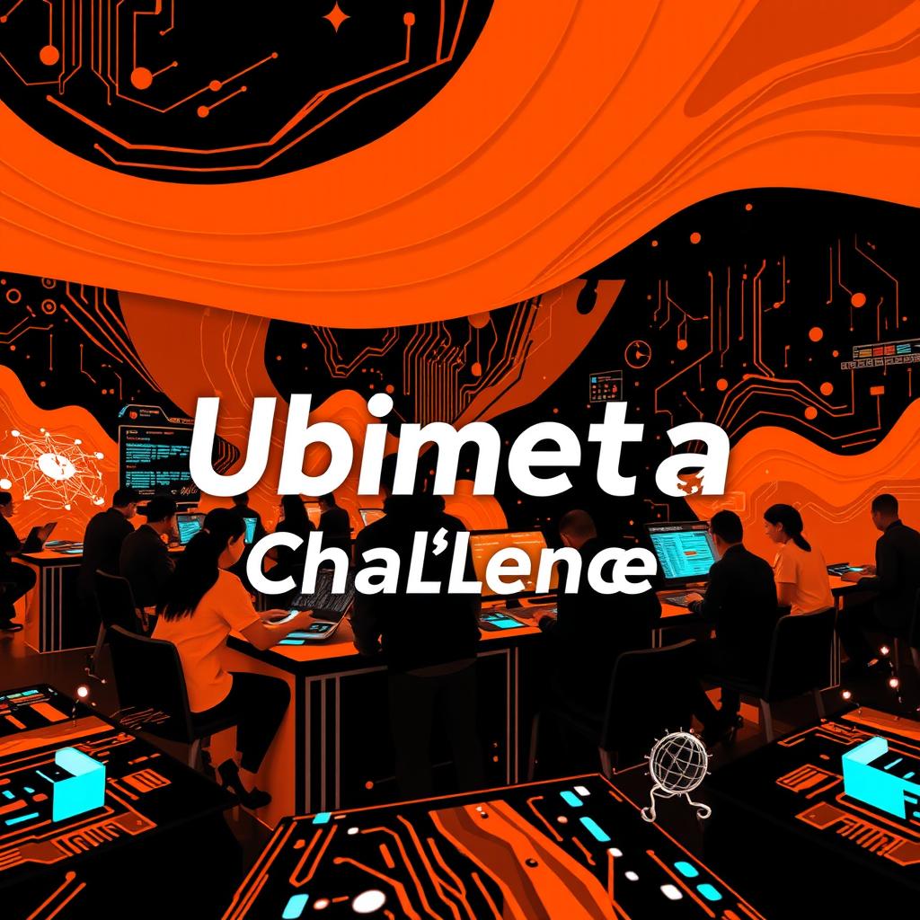 A dynamic and engaging representation of the 'Ubimeta Challenge', featuring a vibrant orange and black theme