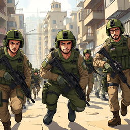 A detailed illustration of Israeli soldiers in a dynamic urban setting