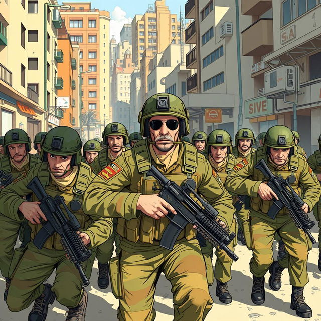 A detailed illustration of Israeli soldiers in a dynamic urban setting