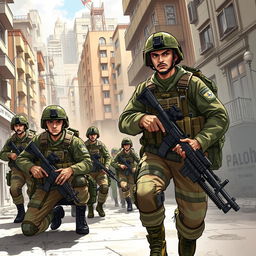 A detailed illustration of Israeli soldiers in a dynamic urban setting