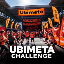 A vibrant and engaging scene showcasing the 'Ubimeta Challenge' with a dynamic orange and black theme