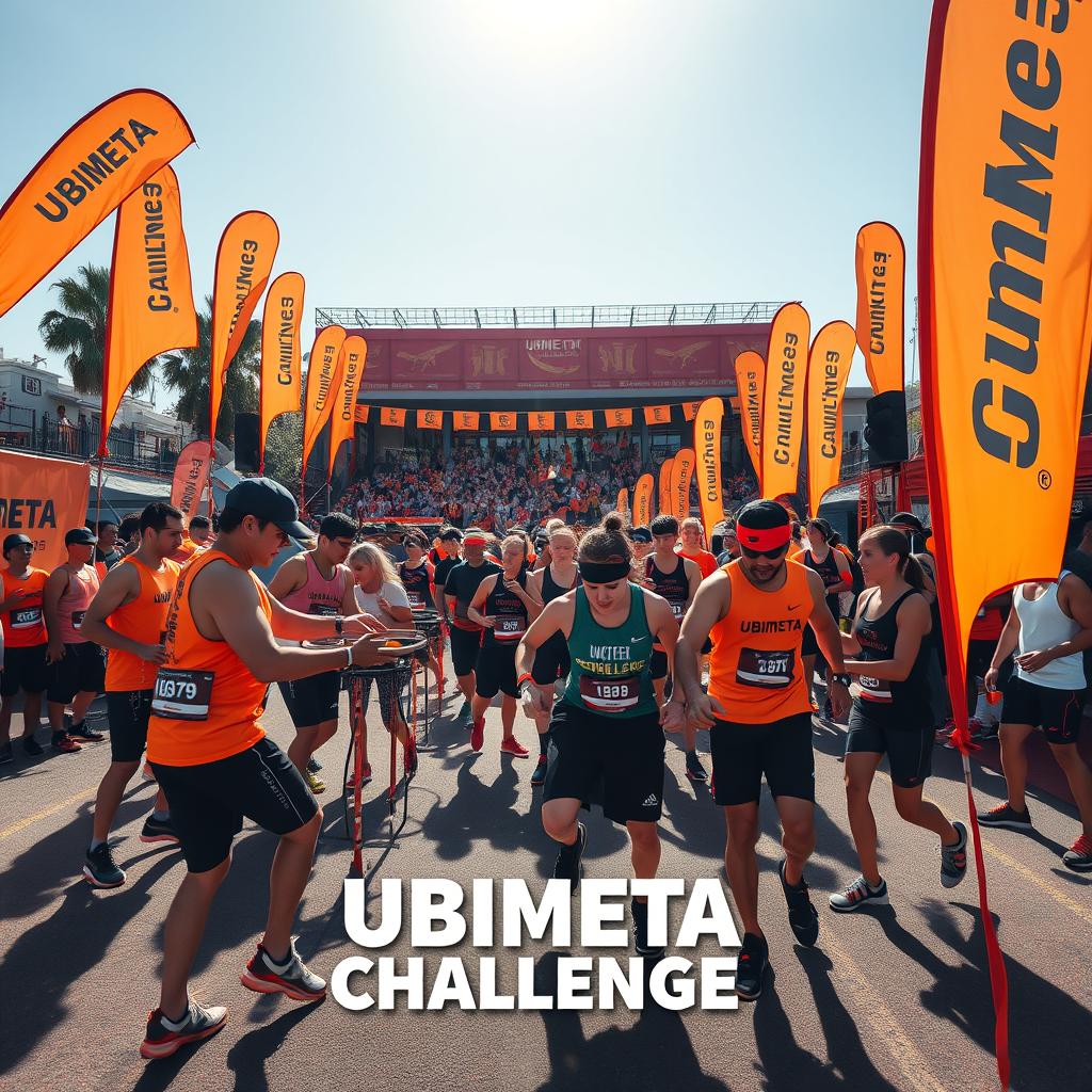A vibrant and engaging scene showcasing the 'Ubimeta Challenge' with a dynamic orange and black theme