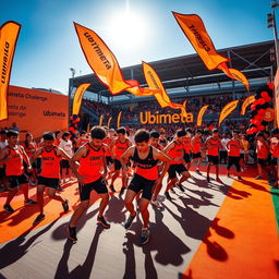 A vibrant and engaging scene showcasing the 'Ubimeta Challenge' with a dynamic orange and black theme
