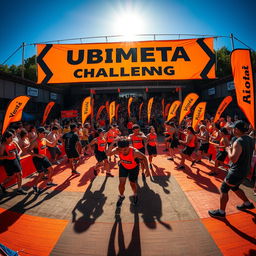 A vibrant and engaging scene showcasing the 'Ubimeta Challenge' with a dynamic orange and black theme