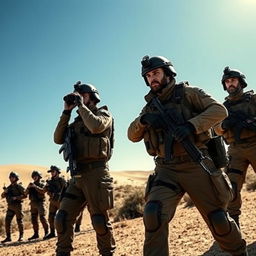 A group of Israeli soldiers in a dramatic, dynamic scene, standing in a desert landscape under a clear blue sky