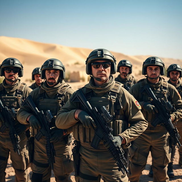 A group of Israeli soldiers in a dramatic, dynamic scene, standing in a desert landscape under a clear blue sky