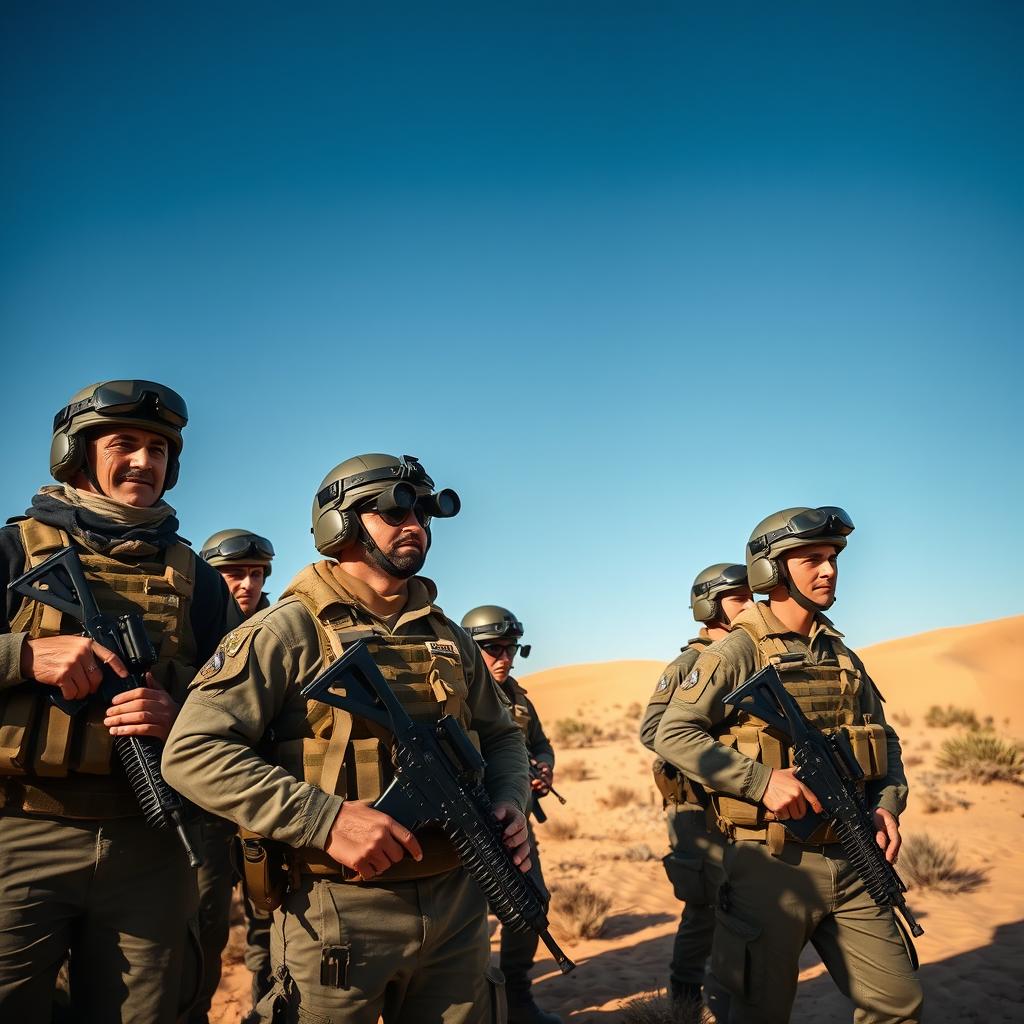 A group of Israeli soldiers in a dramatic, dynamic scene, standing in a desert landscape under a clear blue sky