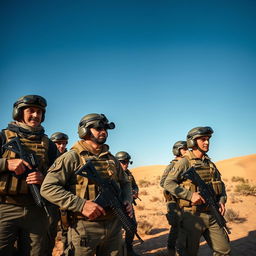 A group of Israeli soldiers in a dramatic, dynamic scene, standing in a desert landscape under a clear blue sky