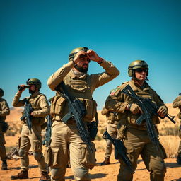 A group of Israeli soldiers in a dramatic, dynamic scene, standing in a desert landscape under a clear blue sky