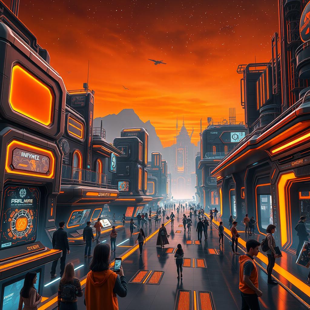 A futuristic Ubimeta world featuring an immersive urban landscape with high-tech architecture, adorned with vibrant orange and deep black color schemes