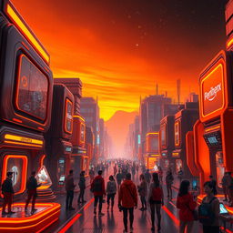 A futuristic Ubimeta world featuring an immersive urban landscape with high-tech architecture, adorned with vibrant orange and deep black color schemes