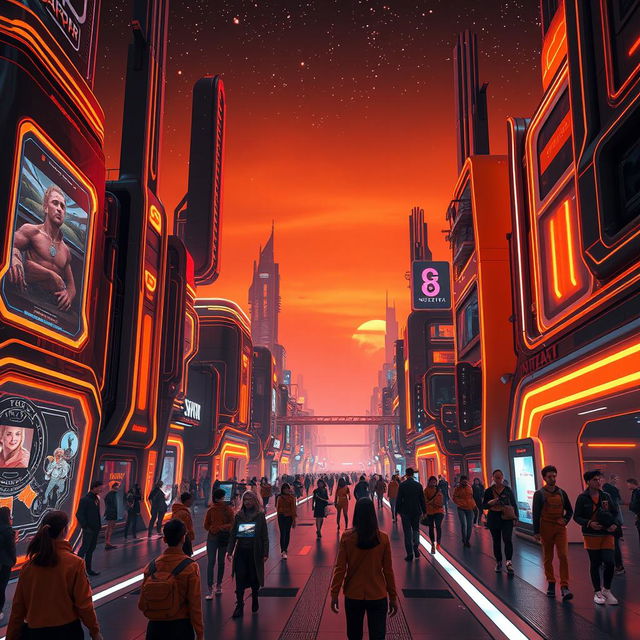 A futuristic Ubimeta world featuring an immersive urban landscape with high-tech architecture, adorned with vibrant orange and deep black color schemes