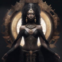 This is a high-quality digital art image portraying a goddess dressed entirely in black