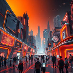 A futuristic Ubimeta world featuring an immersive urban landscape with high-tech architecture, adorned with vibrant orange and deep black color schemes