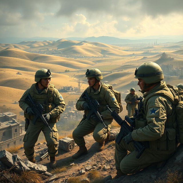 Israeli soldiers in a detailed and realistic landscape, showcasing their military gear and uniforms