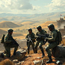 Israeli soldiers in a detailed and realistic landscape, showcasing their military gear and uniforms