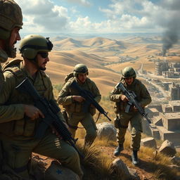 Israeli soldiers in a detailed and realistic landscape, showcasing their military gear and uniforms