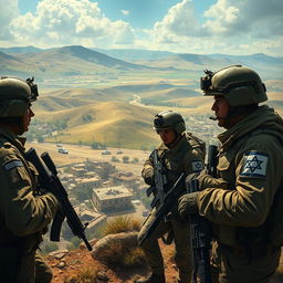 Israeli soldiers in a detailed and realistic landscape, showcasing their military gear and uniforms