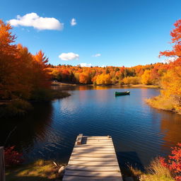 A serene landscape of a tranquil lake surrounded by vibrant autumn foliage in hues of orange, red, and gold