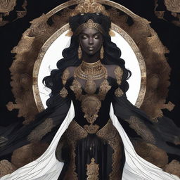 This is a high-quality digital art image portraying a goddess dressed entirely in black