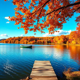 A serene landscape of a tranquil lake surrounded by vibrant autumn foliage in hues of orange, red, and gold