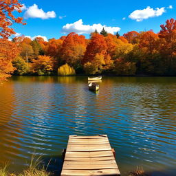 A serene landscape of a tranquil lake surrounded by vibrant autumn foliage in hues of orange, red, and gold