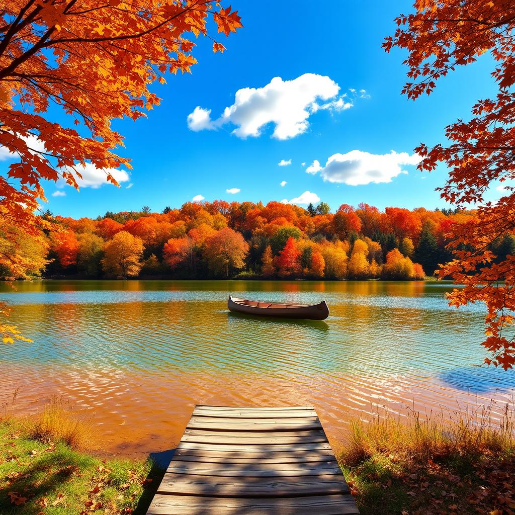 A serene landscape of a tranquil lake surrounded by vibrant autumn foliage in hues of orange, red, and gold