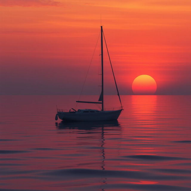 An animation of a sailboat without its sails, drifting on calm water during a melancholic sunset