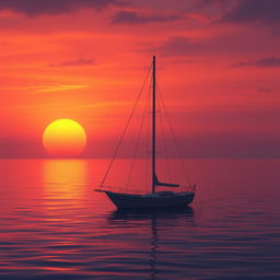 An animation of a sailboat without its sails, drifting on calm water during a melancholic sunset