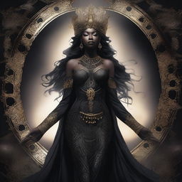 This is a high-quality digital art image portraying a goddess dressed entirely in black