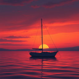 An animation of a sailboat without its sails, drifting on calm water during a melancholic sunset