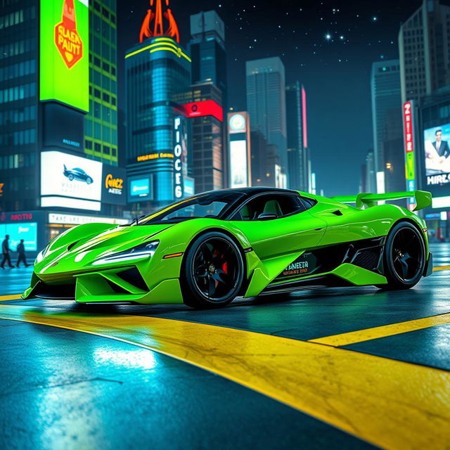 A stunning lime green futuristic hyper car with sleek aerodynamic lines and a glossy finish, prominently displayed on a neon-lit urban street at night