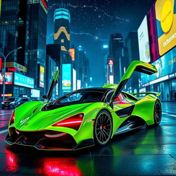 A stunning lime green futuristic hyper car with sleek aerodynamic lines and a glossy finish, prominently displayed on a neon-lit urban street at night
