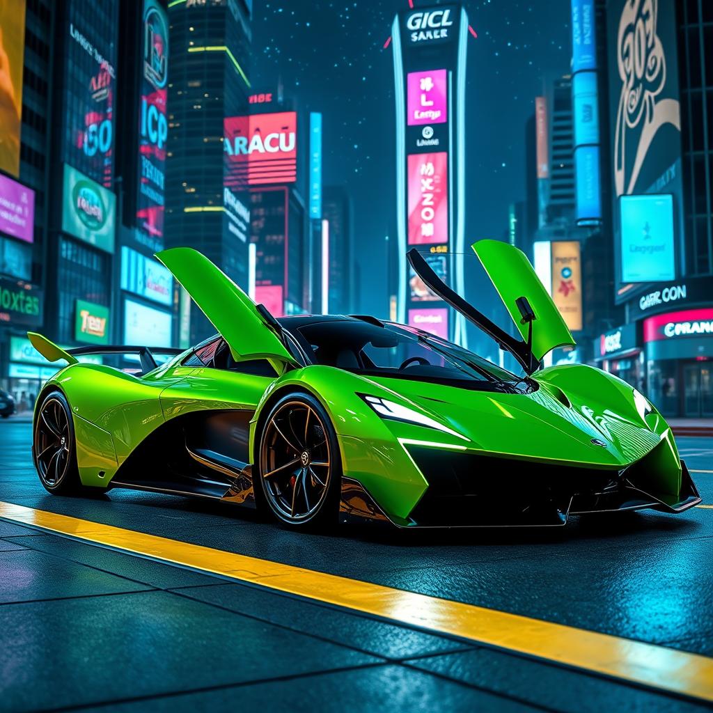 A stunning lime green futuristic hyper car with sleek aerodynamic lines and a glossy finish, prominently displayed on a neon-lit urban street at night