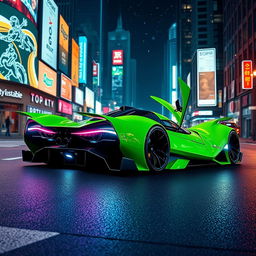 A stunning lime green futuristic hyper car with sleek aerodynamic lines and a glossy finish, prominently displayed on a neon-lit urban street at night