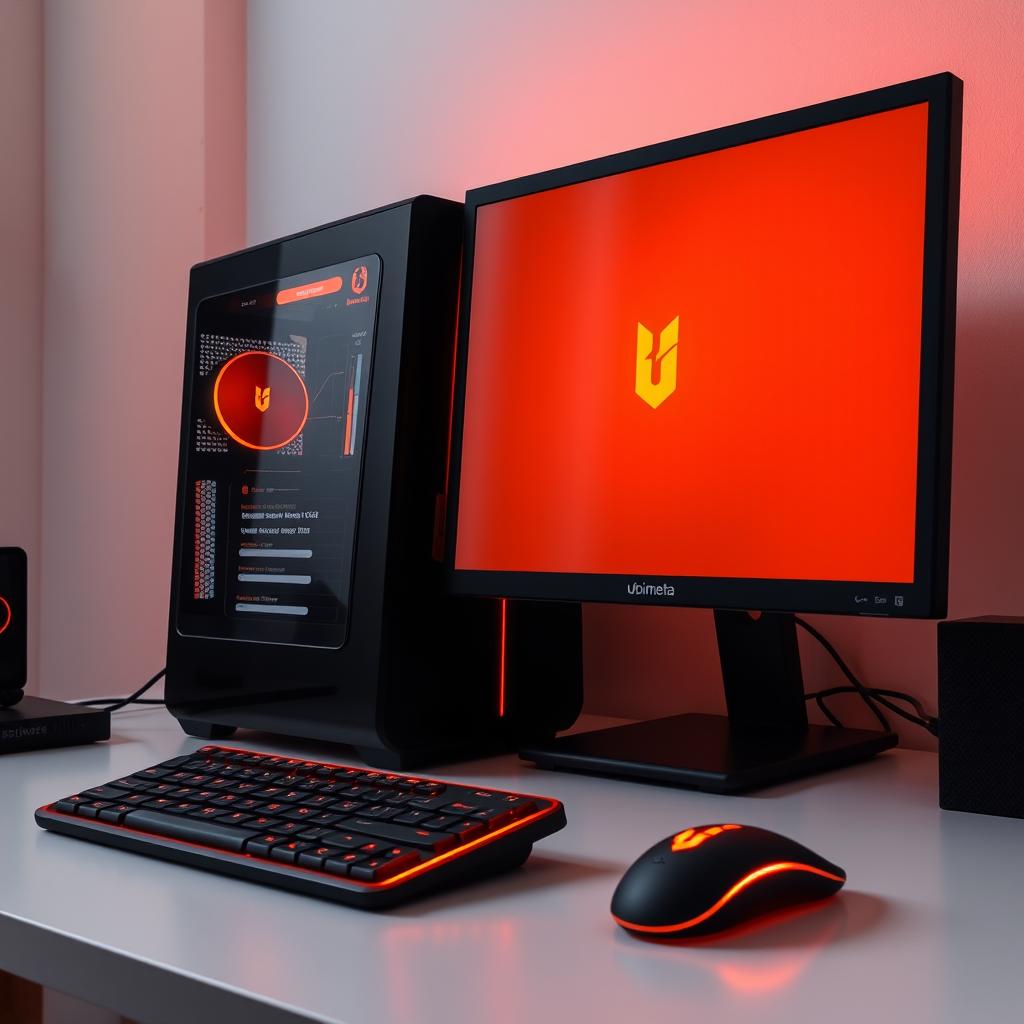 A sleek Ubimeta computer showcasing a striking orange and black theme
