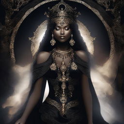 This is a high-quality digital art image portraying a goddess dressed entirely in black