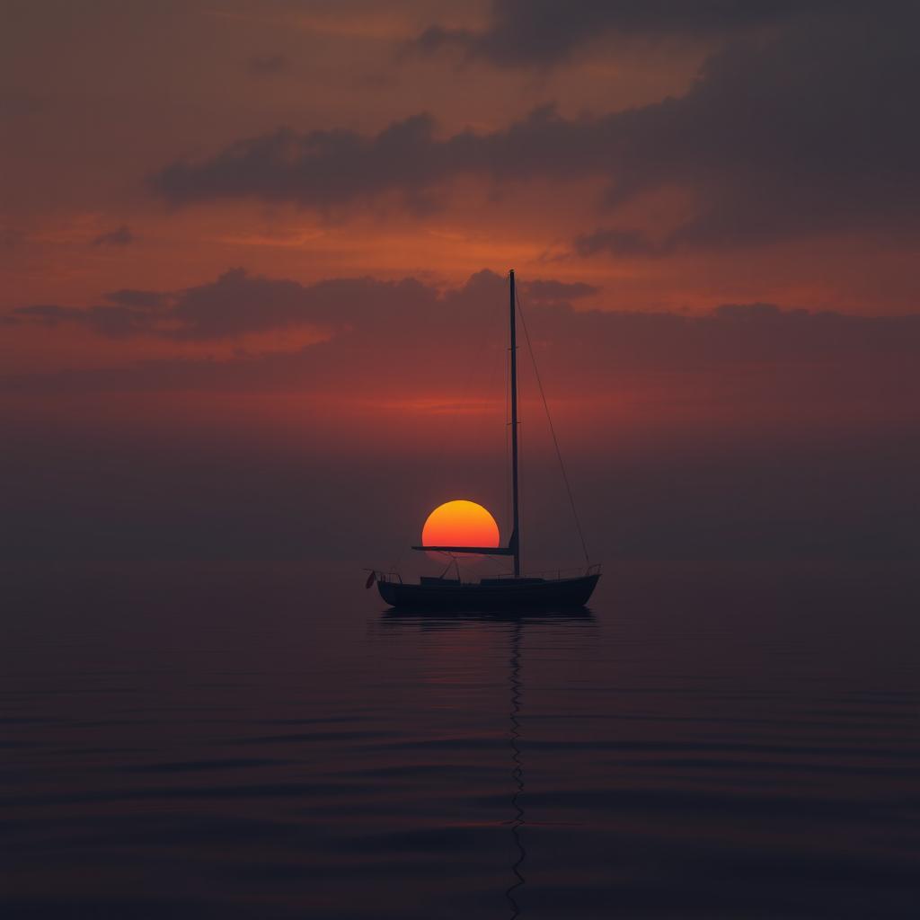 An animation of a sailboat without its sails, gently floating on still water under a very sad atmosphere during sunset