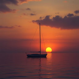 An animation of a sailboat without its sails, gently floating on still water under a very sad atmosphere during sunset