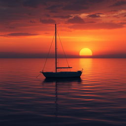 An animation of a sailboat without its sails, gently floating on still water under a very sad atmosphere during sunset