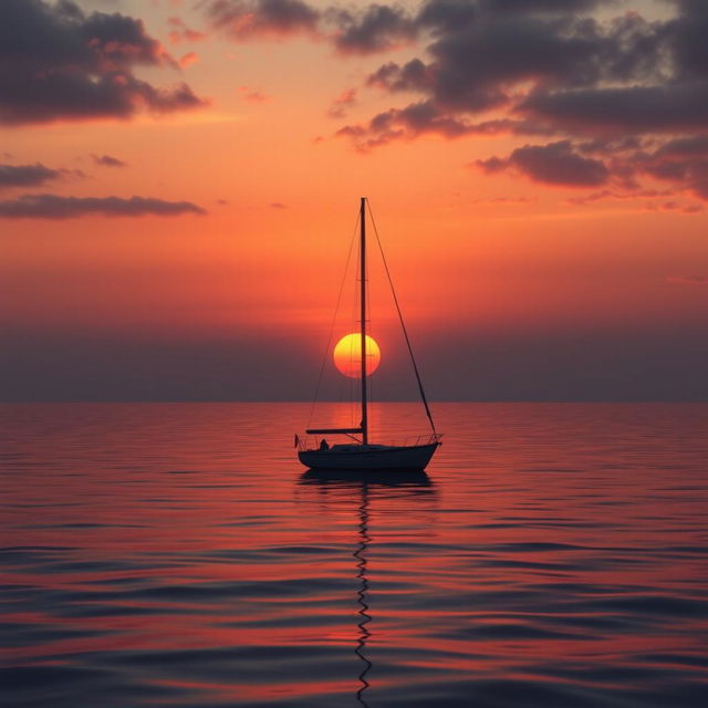 An animation of a sailboat without its sails, gently floating on still water under a very sad atmosphere during sunset