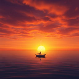 An animation of a sailboat without sails, floating alone on calm waters during a deeply emotional sunset