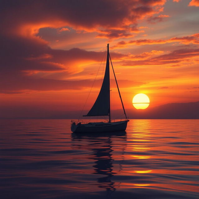 An animation of a sailboat without sails, floating alone on calm waters during a deeply emotional sunset