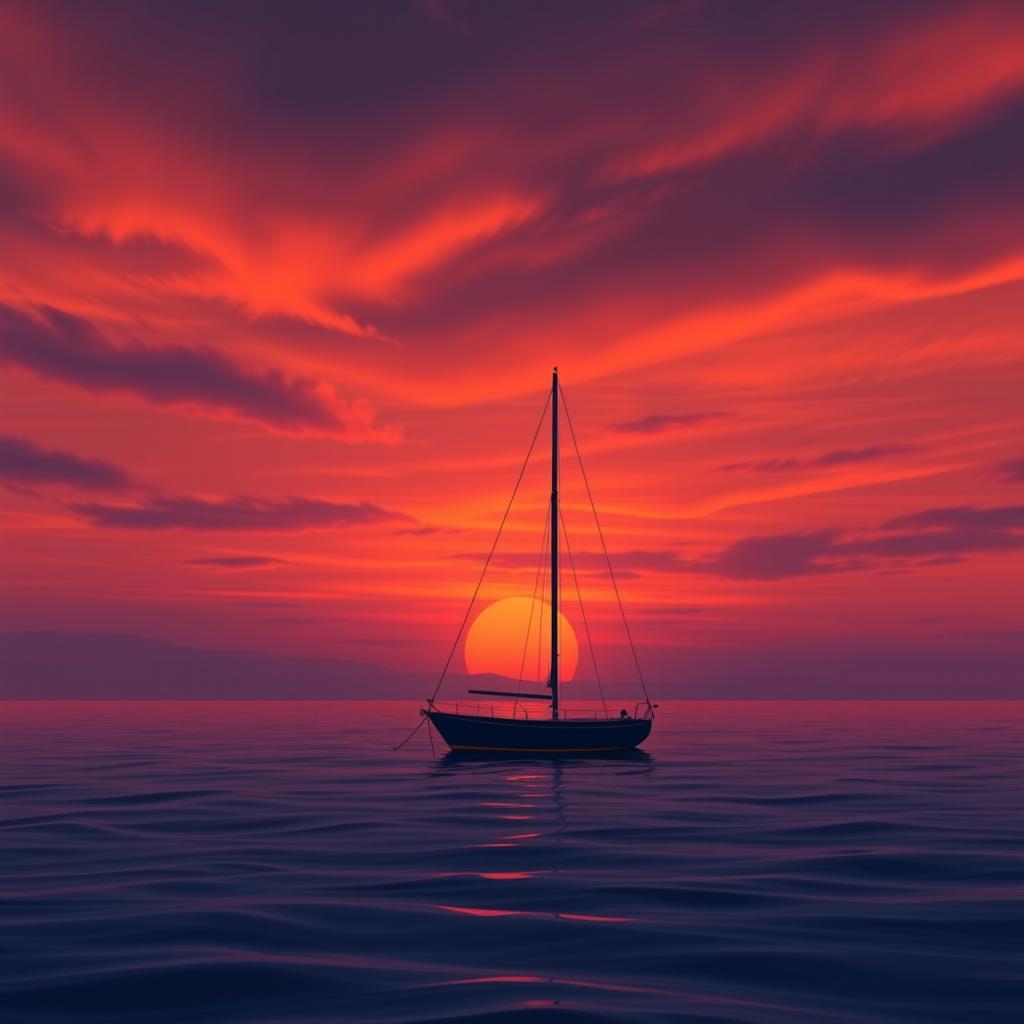 An animation of a sailboat without sails, floating alone on calm waters during a deeply emotional sunset