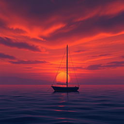 An animation of a sailboat without sails, floating alone on calm waters during a deeply emotional sunset