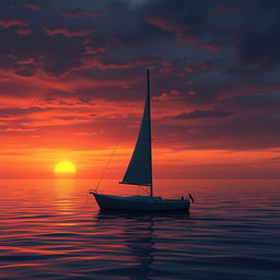 An animation of a sailboat without sails, floating alone on calm waters during a deeply emotional sunset
