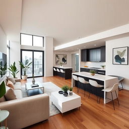 A modern and stylish apartment interior design featuring an open concept living space