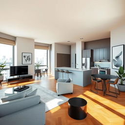 A modern and stylish apartment interior design featuring an open concept living space